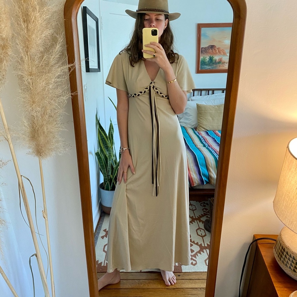 Vintage Tan Maxi Dress with Braided Detail